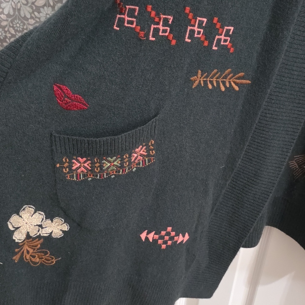 Johnny Was ZuZu Cape Floral Bird Embroidered Wool Cashmere Duster Sweater Hood - Picture 10 of 14